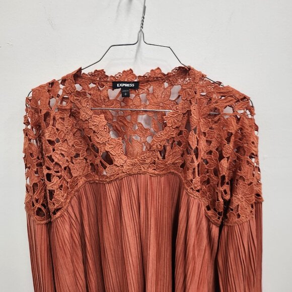 Express Womens BOHO Blouse Top Small Orange Crochet Long Sleeve Festival - Picture 4 of 10
